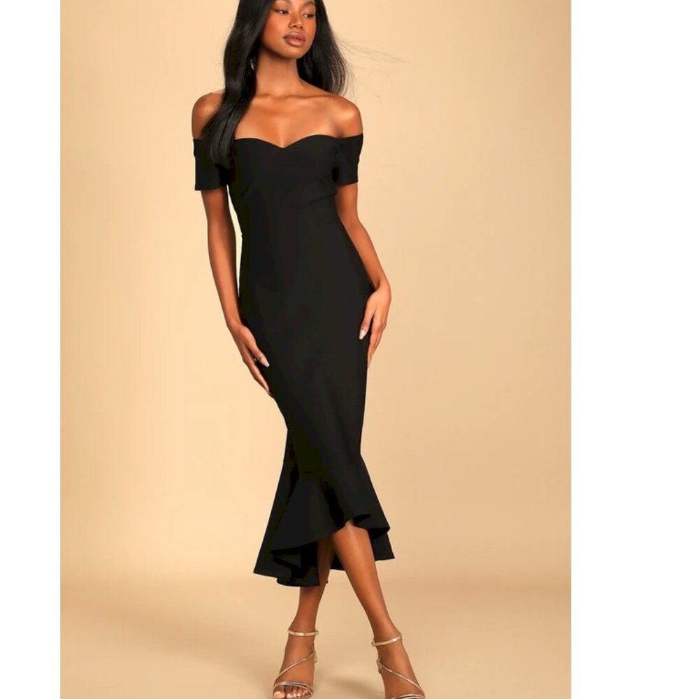 Lulu's How Much I Care Black Off-the-Shoulder Midi Dress Small New NWT